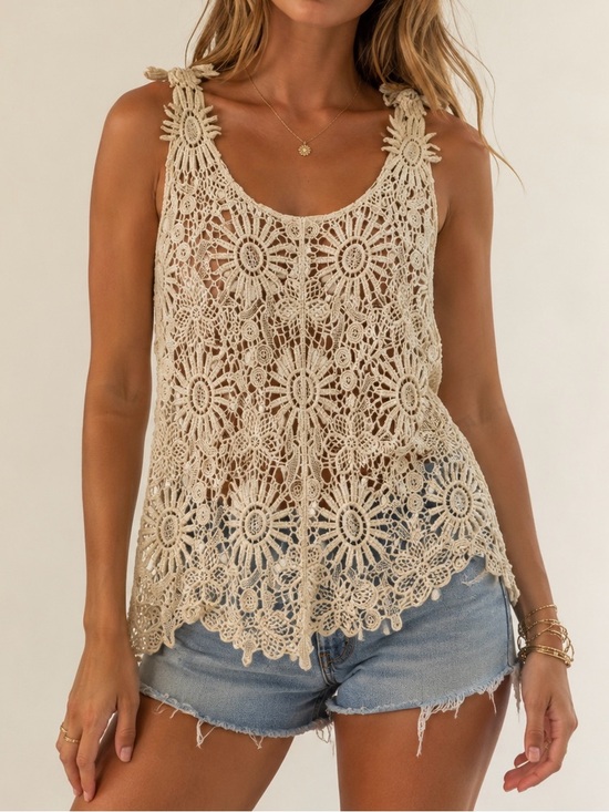 Isela Tops - ISELA Ivory Floral Crochet Tank Top Boho Festival Mesh Lace Size Small